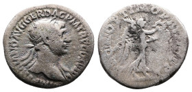 Trajan, 98-117 AD. AR Quinarius (15.3 mm, 1.69 g.). Rome, 112-114 AD. IMP TRAIANO AVG GER DAC P M TR P COS VI P P, laureate bust of Trajan with bare c...