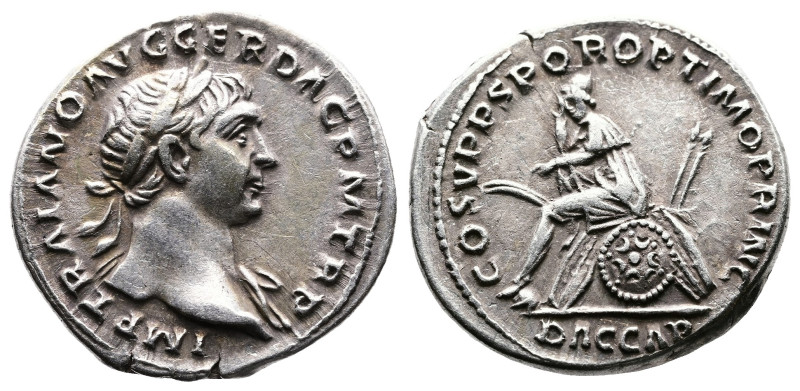 Trajan, 98-117 AD. AR Denarius (19.3 mm, 3.34 g.). Rome, circa 108-109 AD. IMP T...