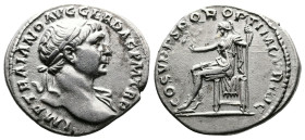 Trajan, 98-117 AD. AR Denarius (19.7 mm, 3,62 g.). Rome, 108-109 AD. IMP TRAIANO AVG GER DAC P M TR P Laureate bust of Trajan to right with slight dra...