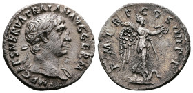 Trajan, 98-117 AD. AR Denarius (18.5 mm, 2.74 g.). Rome, 102 AD. IMP CAES NERVA TRAIAN AVG GERM Laureate bust of Trajan to right, with slight drapery ...