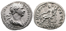 Trajan, 98-117 AD. AR Denarius (19.2 mm, 2.7 g.). Rome, 114-116 AD. IMP CAES NER TRAIANO OPTIMO AVG GER DAC Laureate, draped and cuirassed bust of Tra...