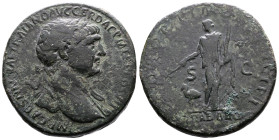 Trajan, 98-117 AD. AE Sestertius (31.1 mm, 23.1 g.). Rome, 111 AD. IMP CAES NERVAE TRAIANO AVG GER DAC P M TR P COS V P P, laureate head of Trajan to ...