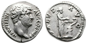 Hadrian, 117-138 AD. AR Denarius (17.2 mm, 3.4 g.). Rome. 133-135 AD. HADRIANVS AVG COS III P P, bare head of Hadrian right. Rev. SALVS AVG, Salus, dr...