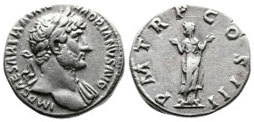 Hadrian, 117-138 AD. AR Denarius (17.7 mm, 3.42 g.). Rome, 119-120 AD. IMP CAESAR TRAIAN HADRIANVS AVG Laureate bust of Hadrian to right, with right d...