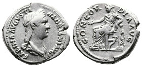 Sabina, 128-137 AD. AR Denarius (18.9 mm, 3,76 g.). Rome, 130-133 AD. SABINA AVGVSTA Diademed and draped bust of Sabina to right. Rev. CONCORDIA AVG C...