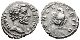 Divus Antoninus Pius, died 161 AD. AR Denarius (18.4 mm, 3.12 g.). Rome. DIVVS ANTONINVS Bare head of Divus Antoninus Pius to right. Rev. CONSECRATIO ...
