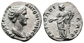 Faustina I, 139-141 AD. AR Denarius. (16.6 mm, 2.95 g.). Rome, 139-141 AD. FAVSTINA AVGVSTA, draped bust of Faustina I to right. Rev. CONCORDIA AVG, C...
