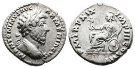 Marcus Aurelius, 161-180 AD. AR Denarius (18.1 mm, 3.31 g.). Rome, 165 AD. M ANTONINVS AVG ARMENIACVS Laureate head of Marcus Aurelius right. Rev. PM ...