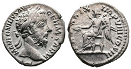 Marcus Aurelius, 161-180 AD. AR Denarius (17.8 mm, 3.23 g.). Rome, 175 AD. M ANTONINVS AVG GERM SARM, laureate head of Marcus Aurelius right. Rev. PM ...