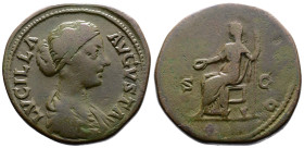Lucilla, 164-182 AD. AE (31.9 mm, 28.7 g.) Rome, 164-169 AD. LVCILLA AVGVSTA, draped bust of Lucilla to right. Rev. IVNO, Juno seated left, holding pa...