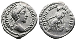 Commodus, 177-192 AD. AR Denarius (18 mm, 2.6 g.). Rome, 179-180 AD. L AVREL COMMODVS AVG Laureate head of Commodus to right. Rev. TR P V IMP III COS ...
