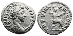 Commodus, 177-192 AD. AR Denarius (18 mm, 2.82 g.). Rome, 186-187 AD. M COMMODVS ANTONIVS ANT, laureate, draped and cuirassed bust of Commodus right. ...