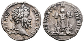 Septimius Severus, 193-211 AD. AR Denarius. (18.3 mm, 3,2 g.). Rome, struck 201 AD. SEVERVS PIVS AVG, laureate head of Septimius Severus right. Rev. P...
