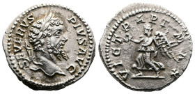 Septimius Severus, 193-211 AD. AR Denarius. (19.4 mm, 3,4 g.). Rome, 201-202 AD. SEVERVS PIVS AVG Laureate head of Septimius Severus right. Rev. VICT ...