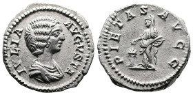 Julia Domna, AR Denarius (18.5 mm, 3 g.). Rome, 196-211 AD. IVLIA AVGVSTA, draped bust of Julia Domna to right Rev. PIETAS PVBLICA, Pietas standing fa...