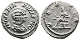 Julia Domna, 193-217 AD. AR Denarius (19.4 mm, 3.4 g.). Rome, 215 AD. IVLIA PIA FELIX AVG Draped bust of Julia Domna to right. Rev. VESTA Vesta, veile...