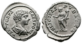 Geta, as Caesar, 198-209 AD. AR Denarius (19.8 mm, 3.12 g.). Rome, 200-202 AD. P SEPT GETA CAES PONT Bare-headed and draped bust of Geta to right. Rev...