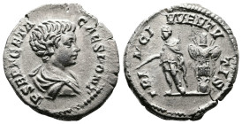 Geta, as Caesar, 198-209 AD. AR Denarius (18.5 mm, 3.1 g.). Rome, 201-202 AD. P SEPT GETA CAES PONT Bare-headed and draped bust of Geta to right, seen...
