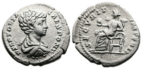 Geta, as Caesar, 198-209 AD. AR Denarius (19.3 mm, 3.18 g.). Rome, 199 AD. P SEPT GETA CAES PONT Bare-headed and draped bust of Geta to right, seen fr...