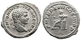 Caracalla, 198-217 AD. AR Denarius (21 mm, 2.9 g.). Rome, 214 AD. ANTONINVS PIVS AVG GERM Laureate head of Caracalla to right. Rev. P M TR P XVII COS ...