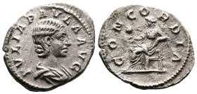 Julia Paula, 219-220 AD. AR Denarius (19.4 mm, 2.52 g.). Rome, 220 AD. IVLIA PAVLA AVG Draped bust of Julia Paula to right. Rev. CONCORDIA Concordia s...