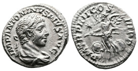 Elagabalus, 218-222 AD. AR Denarius (18.6 mm, 2.7 g.). Rome, 221 AD. IMP ANTONINVS PIVS AVG, laureate and draped bust of Elagabalus to right. Rev. P M...
