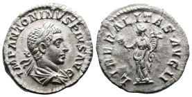 Elagabalus, 218-222 AD. AR Denarius (18.8 mm, 2.1 g.). Rome, 220-222 AD. IMP ANTONINVS PIVS AVG, laureate and draped bust elagabalus to right. Rev. LI...