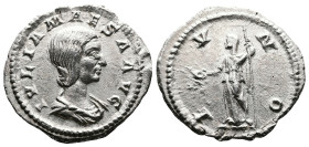 Julia Maesa, 218-224/5 AD. AR Denarius (20.5 mm, 2.32 g.). Rome, 219 AD. IVLIA MAESA AVG Draped bust of Julia Maesa to right. Rev. IVNO Juno standing ...