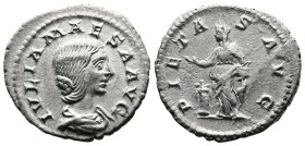 Julia Maesa. 218-222 AD. AR Denarius. (20 mm, 2.5 g.). Rome mint, struck 218-220 AD. IVLIA MAESA AVG, draped bust right. Rev. PIETAS AVG, Pietas stand...