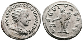 Gordian III, 238 – 244 AD. AR Antoninianus. (22 mm, 4.42 g.). Antioch mint, 238-239 AD. IMP CAES M ANT GORDIANVS AVG, radiate, draped and cuirassed bu...