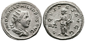 Philip I 'the Arab', 244–249 AD. AR Antoninianus (22.2mm, 3,5 g.). Rome 244-247 AD. IMP M IVL PHILIPPVS AVG. Radiate, draped and cuirassed bust of Phi...
