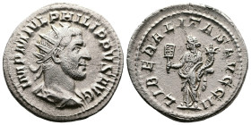 Philip I 'the Arab' 244–249 AD. AR Antoninianus. ( 23.2mm, 4.09 g.). Rome, 244-247 AD. IMP M IVL PHILIPPVS AVG, radiate, draped and cuirassed bust of ...