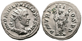 Philip I 'the Arab'. 244 – 249 AD. AR Antoninianus. (22.7 mm, 4,09 g.). Rome mint, struck 246 AD. IMP M IVL PHILIPPVS AVG, radiate, draped and cuirass...