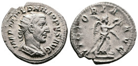 Philip I, 'the Arab', 244-249 AD. AR Antoninianus, (23.4 mm, 4.1 g.). Rome, 244-247 AD. IMP M IVL PHILIPPVS AVG, radiate, draped and cuirassed bust of...