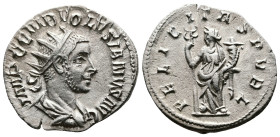 Volusian, 251-253 AD. AR Antoninianus ( 21.8 mm, 2.89 g). Rome (?), 252 AD. IMP C C VIB VOLVSIANVS AVG Radiate, draped and cuirassed bust of Volusian ...