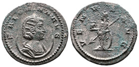 Salonina, Silvered Bronze Antoninianus.(21.3 mm, 3.7 g.). Antioch, 267 AD. SALONINA AVG, diademed and draped bust of Salonina to right, set on crescen...