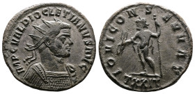 Diocletian, 284-305 AD. Silvered Bronze Antoninianus (21.8 mm, 4,01 g.). Ticinum, 285-286 AD. IMP C C VAL DIOCLETIANVS P F AVG Radiate, draped and cui...