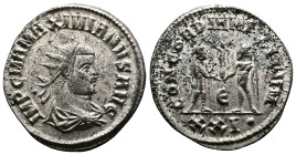 Maximianus, 286-310 AD. Silvered Bronze Antoninianus. (22.1 mm, 4.01 g.). Antioch mint, struck 293 AD. IMP C M A MAXIMIANVS P F AVG, radiate and cuira...