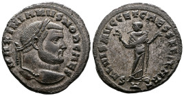 Galerius, as Caesar, 293-305. Silvered Bronze Follis (26.8 mm, 9,92 g.). Carthage, circa 298-299 AD. MAXIMIANVS NOB CAES Laureate head of Galerius to ...