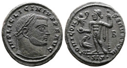 Licinius I, 308-324 AD. AE Follis. (20 mm. 4 g.). Siscia. IMP LIC LICINIVS PF AVG, laureate head of Licinius right. Rev. IOVI CONSERVATORI, Jupiter st...