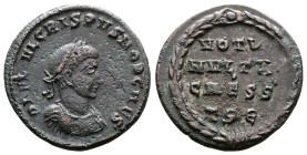 Crispus. 317 - 326 AD. AE Follis. (18.6 mm, 3,11 g.). Thessalonica mint, struck 321-323 AD. DN FL IVL CRISPVS NOB CAES, laureate, draped and cuirassed...