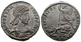 Constantius II, 337-361 AD. Bronze Silvered Centenionalis (22.7 mm, 4.95 g.). Aquileia, 350-352 AD. D N CONSTANTIVS P F AVG Pearl-diademed, draped and...