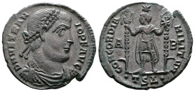 Vetranio. 350 AD. Silvered Bronze Centenionalis. (23.8 mm, 4,7 g.). Thessalonica mint, struck 350 AD. DN VETRA-NIO P F AVG, pearl-diademed, draped and...