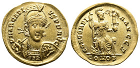 Arcadius, 383-408 AD. Gold Solidus (19.9 mm, 4.4 g.). Constantinople, 397-402 AD. D N ARCADIVS P F AVG, pearl-diademed, helmeted and cuirassed bust fa...