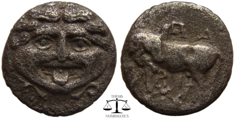 Mysia, AR Drachm Parion 400-300 BC. Head of Gorgoneion facing, tongue protruding...