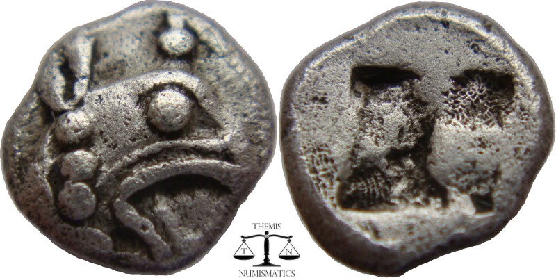 Ionia, AR Tetartemorion Teos 500-450 BC. Head of griffin right / quadripartite i...