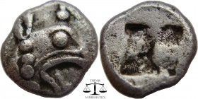 Ionia, AR Tetartemorion Teos 500-450 BC. Head of griffin right / quadripartite incuse square. SNG Copenhagen Supp. 339. 7 mm., 0,3 g.