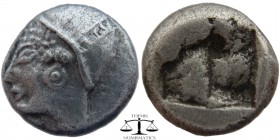 Ionia, AR Diobol Phokaia ca. 5 century BC. Head of Athena (?) left, wearing close-fitting helmet and earring / irregular incuse. SNG.Kayhan-522. 10 mm...