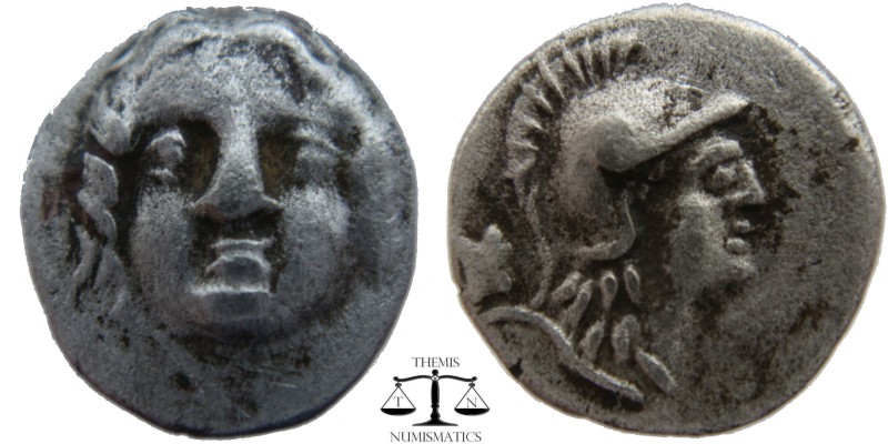 Pisidia, AR Obol Selge 3rd Century BC. Facing head of Gorgoneion / Helmeted head...