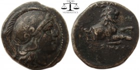 Lysimachos Thrace, AE15 Lysimachia 305-281 BC. Helmeted head of Athena right / BAΣIΛEΩΣ ΛYΣIMAXOY, Forepart of lion right; caduceus and EAM monogram i...